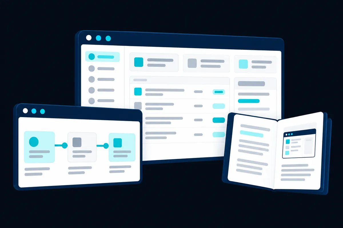 Illustration of a completed application, a connected workflow, and handover documentation.
