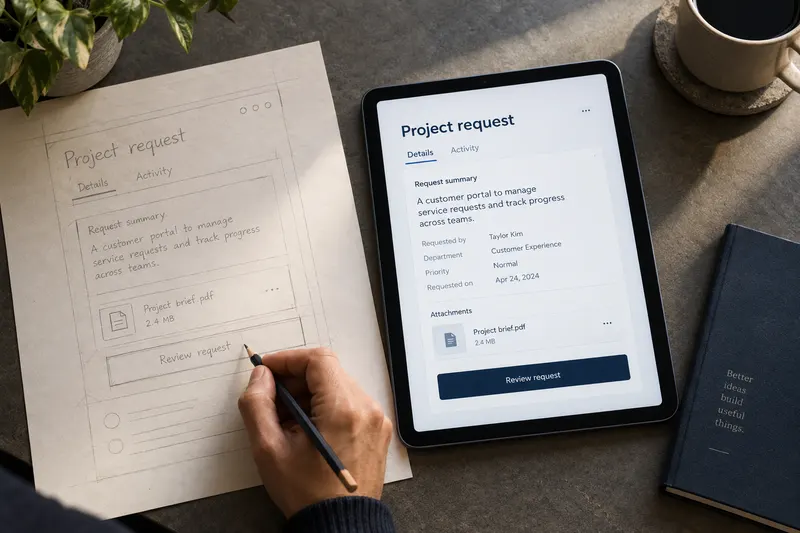Paper interface sketch beside a tablet showing a matching application concept.